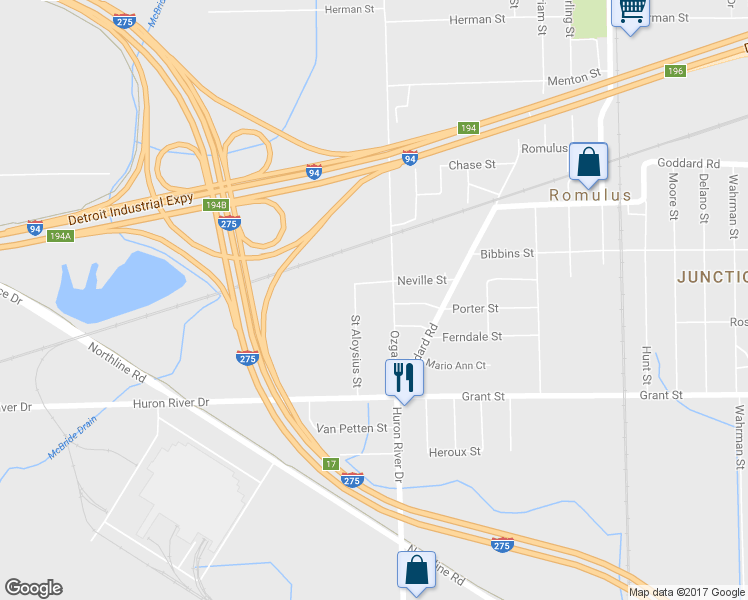 map of restaurants, bars, coffee shops, grocery stores, and more near 11338 Ozga Street in Romulus