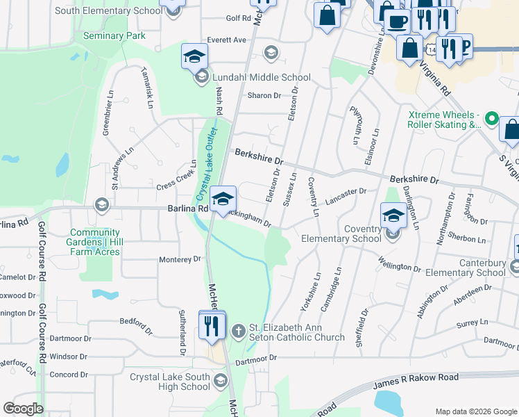 map of restaurants, bars, coffee shops, grocery stores, and more near 804 Eletson Drive in Crystal Lake