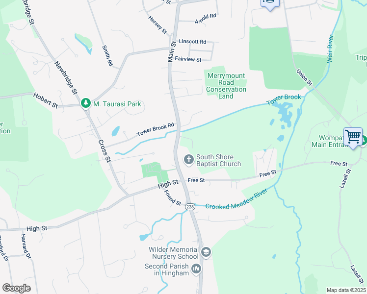map of restaurants, bars, coffee shops, grocery stores, and more near 566 Main Street in Hingham