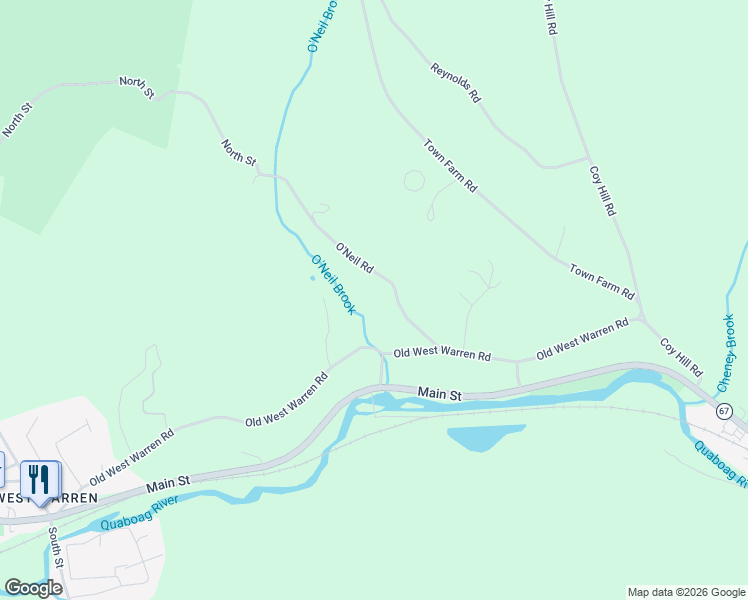 map of restaurants, bars, coffee shops, grocery stores, and more near 81 O'Neil Road in Warren