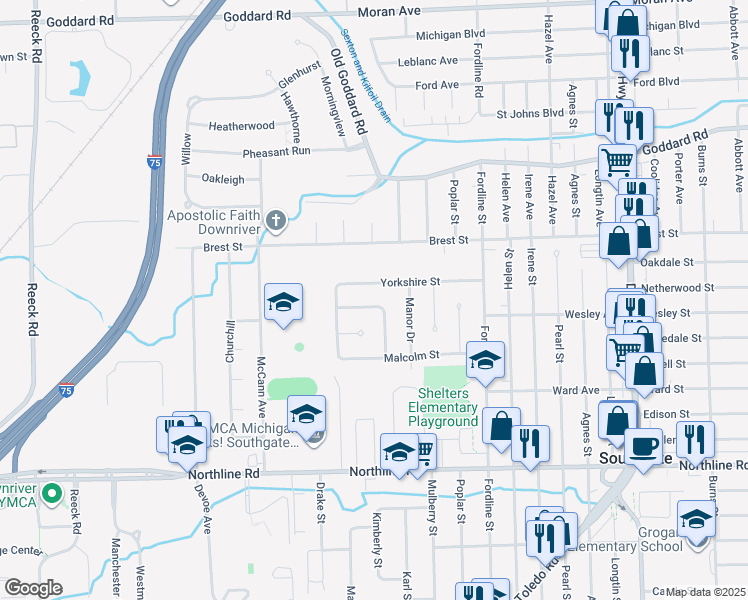 map of restaurants, bars, coffee shops, grocery stores, and more near 14928 Coventry Drive in Southgate
