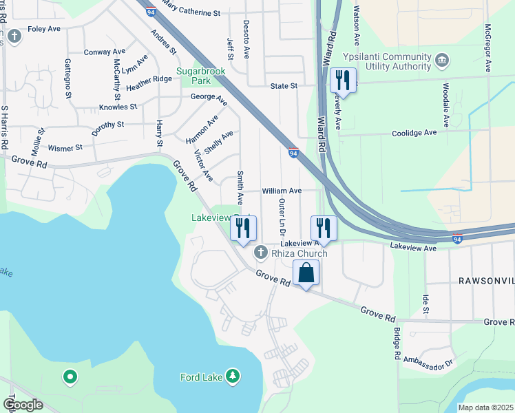 map of restaurants, bars, coffee shops, grocery stores, and more near 1856 Emerson Avenue in Ypsilanti