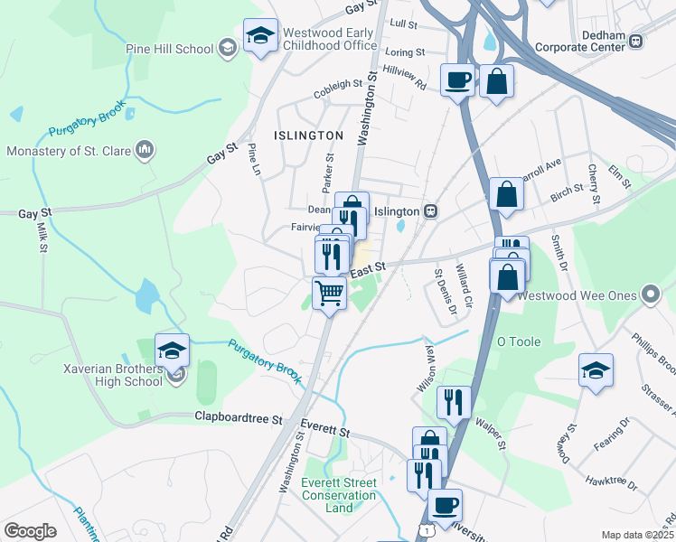 map of restaurants, bars, coffee shops, grocery stores, and more near 291 Washington Street in Westwood