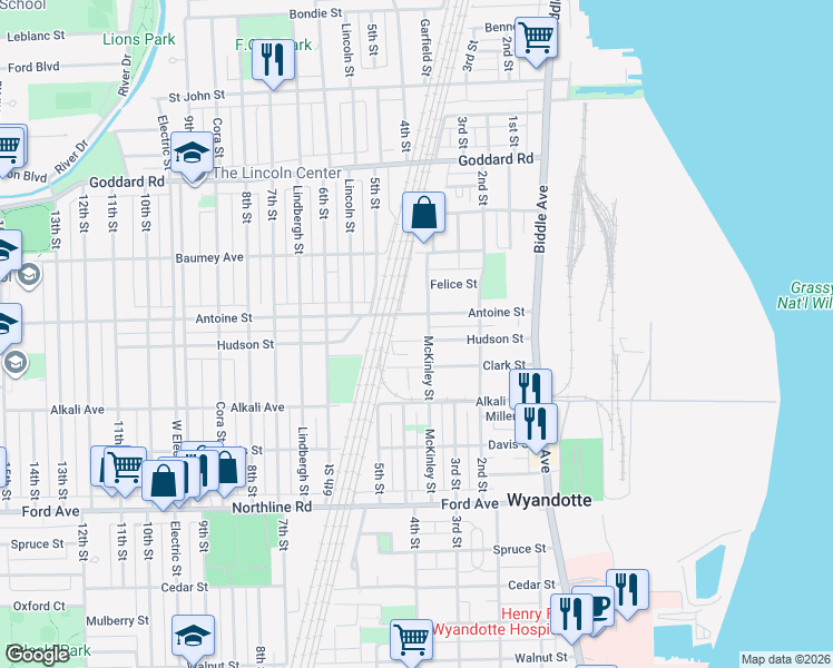 map of restaurants, bars, coffee shops, grocery stores, and more near 342 Hudson Street in Wyandotte