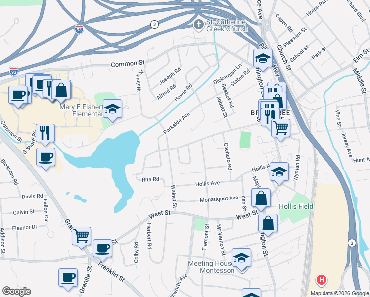 map of restaurants, bars, coffee shops, grocery stores, and more near 3 Windemere Circle in Braintree