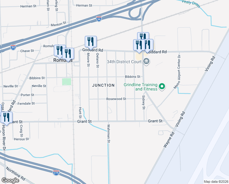map of restaurants, bars, coffee shops, grocery stores, and more near 11320 Grover Street in Romulus