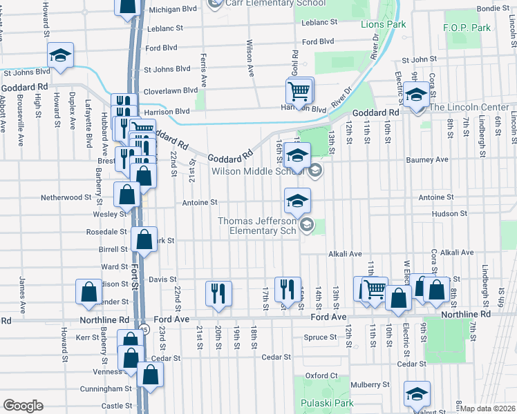 map of restaurants, bars, coffee shops, grocery stores, and more near 1410 17th St in Wyandotte
