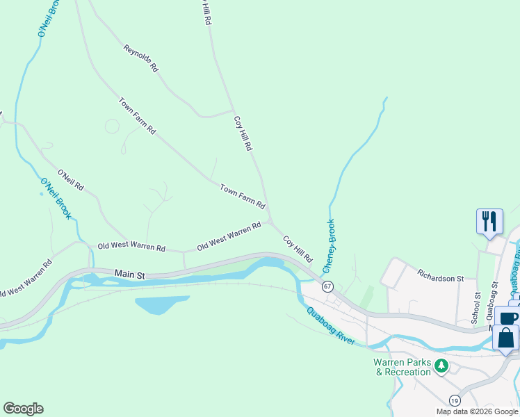 map of restaurants, bars, coffee shops, grocery stores, and more near 21 Town Farm Road in Warren