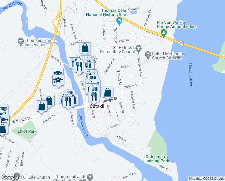 map of restaurants, bars, coffee shops, grocery stores, and more near 60 William Street in Catskill