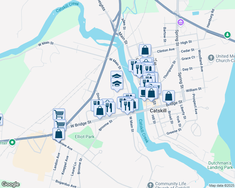 map of restaurants, bars, coffee shops, grocery stores, and more near 341 West Main Street in Catskill