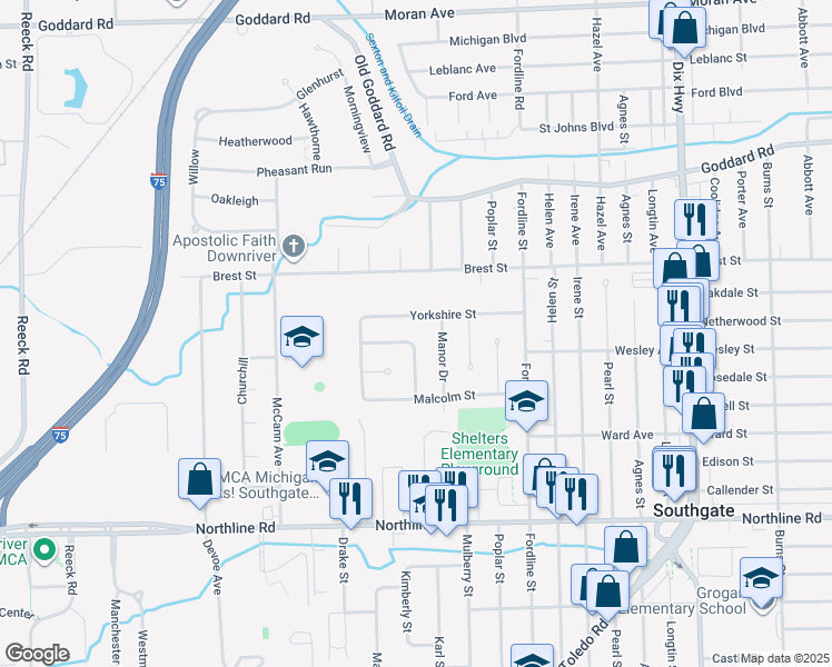 map of restaurants, bars, coffee shops, grocery stores, and more near 14928 Coventry Drive in Southgate