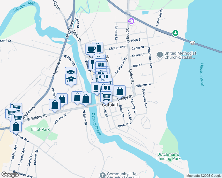 map of restaurants, bars, coffee shops, grocery stores, and more near 23 William Street in Catskill