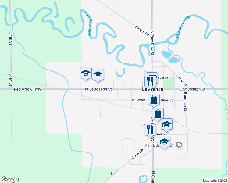 map of restaurants, bars, coffee shops, grocery stores, and more near 437 West Saint Joseph Street in Lawrence
