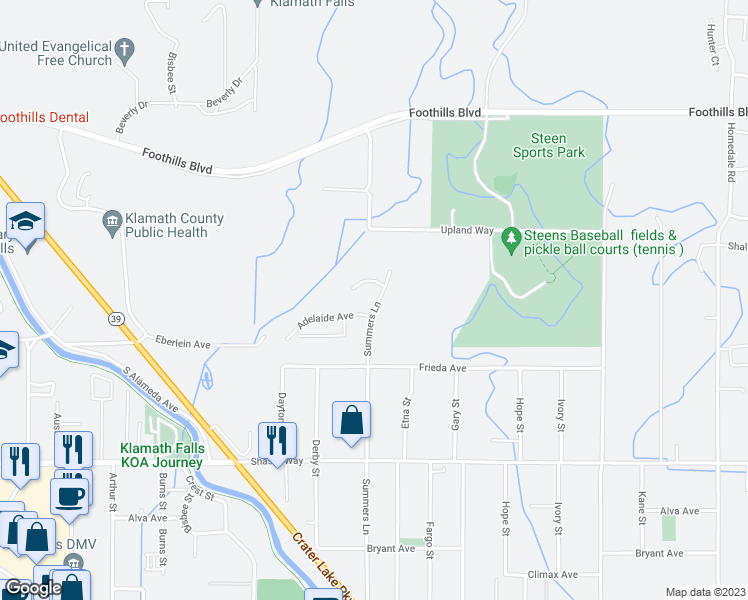 map of restaurants, bars, coffee shops, grocery stores, and more near 1209 Summers Lane in Klamath Falls