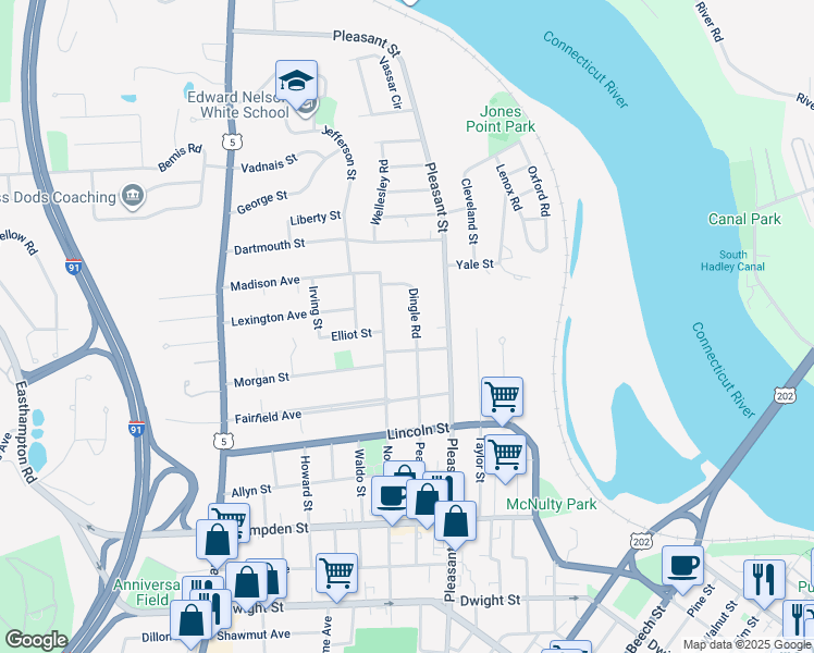 map of restaurants, bars, coffee shops, grocery stores, and more near 62 Nonotuck Street in Holyoke