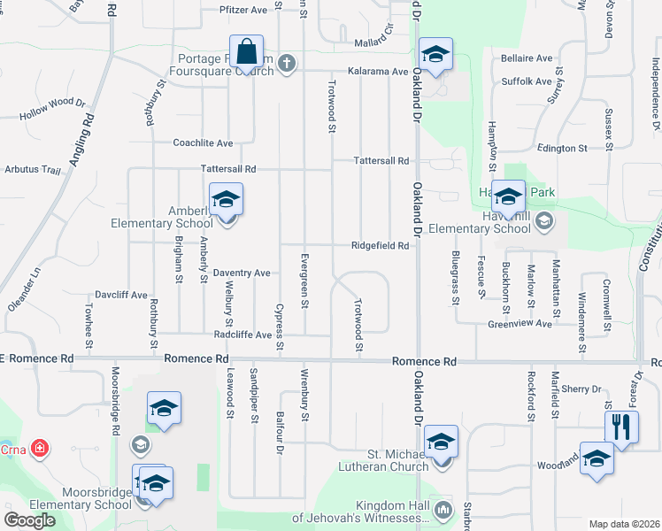 map of restaurants, bars, coffee shops, grocery stores, and more near 6728 Trotwood Street in Portage