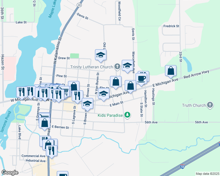 map of restaurants, bars, coffee shops, grocery stores, and more near 211 North Dyckman Street in Paw Paw