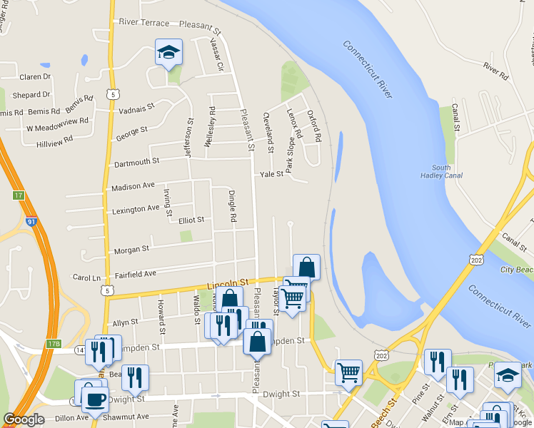 map of restaurants, bars, coffee shops, grocery stores, and more near 1 Taylor Street in Holyoke