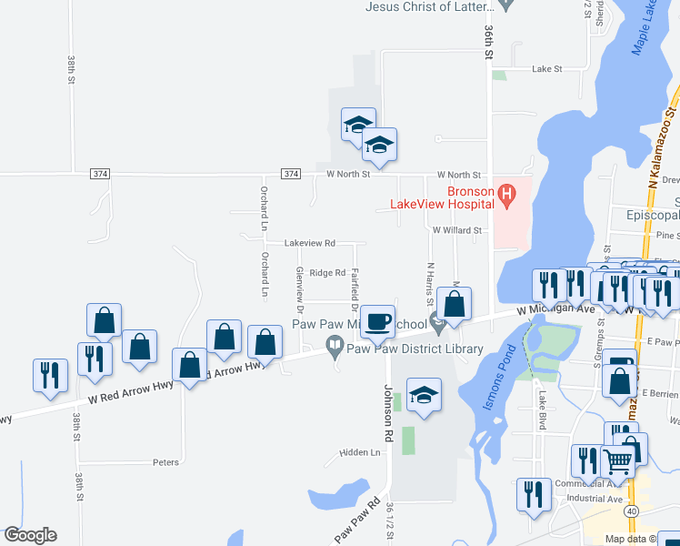 map of restaurants, bars, coffee shops, grocery stores, and more near 605 Ridge Road in Paw Paw
