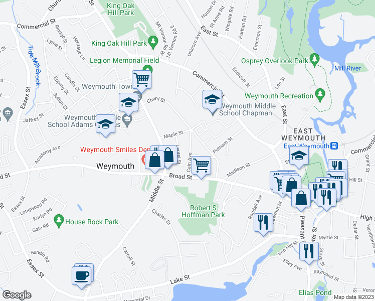 map of restaurants, bars, coffee shops, grocery stores, and more near 46 Cain Avenue in Weymouth