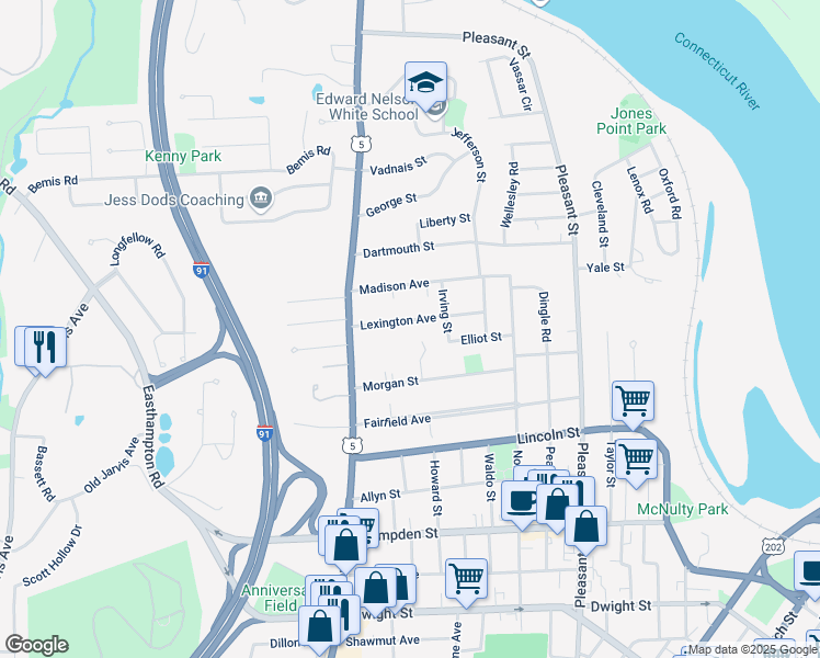 map of restaurants, bars, coffee shops, grocery stores, and more near 62 Lexington Avenue in Holyoke