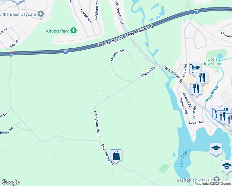 map of restaurants, bars, coffee shops, grocery stores, and more near 29 Wheeler Road in Grafton
