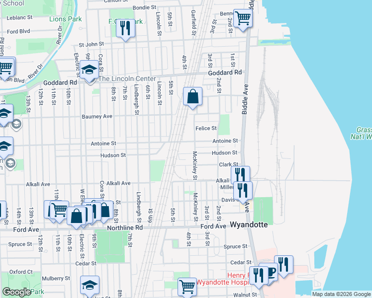 map of restaurants, bars, coffee shops, grocery stores, and more near 342 Hudson Street in Wyandotte