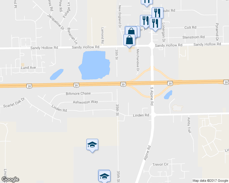 map of restaurants, bars, coffee shops, grocery stores, and more near 3825 Earldale Place in Rockford