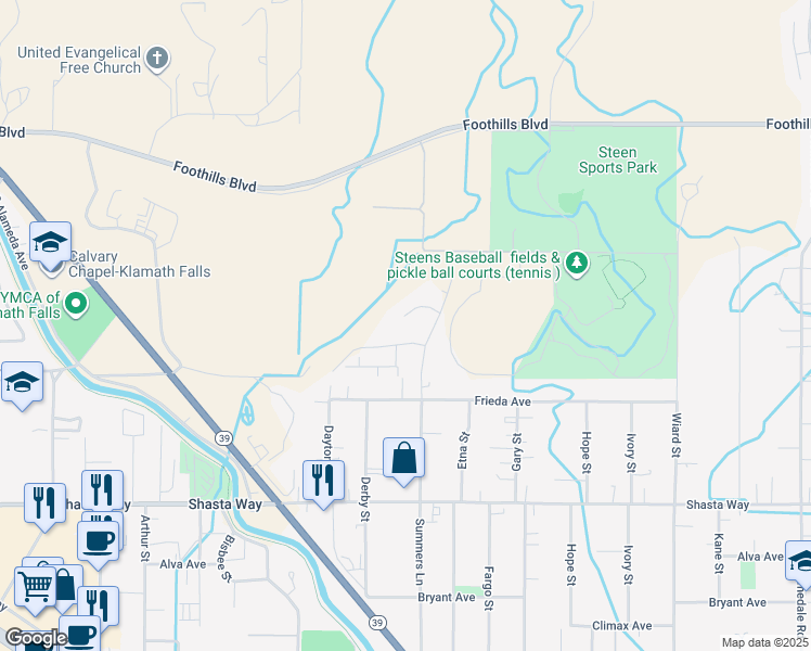 map of restaurants, bars, coffee shops, grocery stores, and more near 4162 Marian Court in Klamath Falls