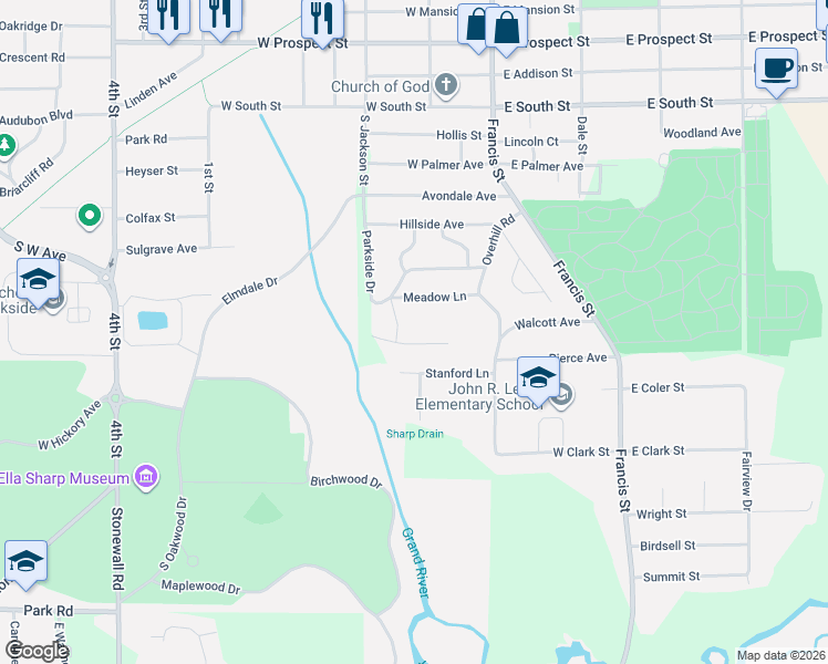map of restaurants, bars, coffee shops, grocery stores, and more near 2709 Glendale Road in Jackson