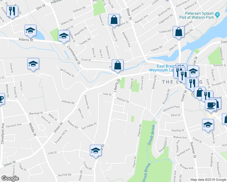 map of restaurants, bars, coffee shops, grocery stores, and more near 39 Liberty Street in Braintree