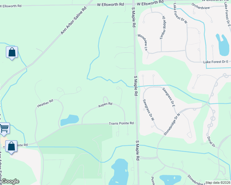 map of restaurants, bars, coffee shops, grocery stores, and more near 4512 Cottonwood Drive in Ann Arbor