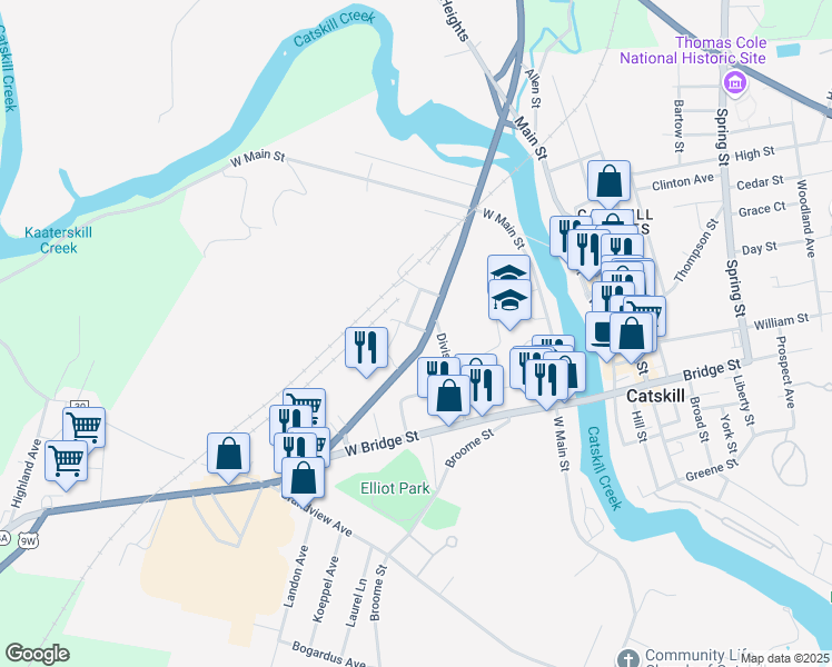 map of restaurants, bars, coffee shops, grocery stores, and more near 97 Maple Avenue in Catskill