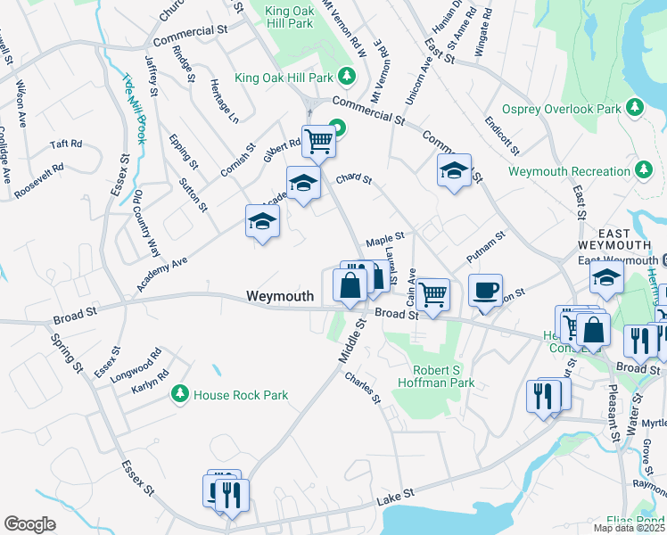 map of restaurants, bars, coffee shops, grocery stores, and more near Center Street in Weymouth