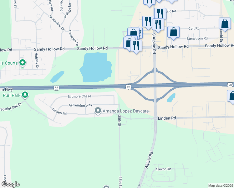 map of restaurants, bars, coffee shops, grocery stores, and more near 3825 Earldale Place in Rockford