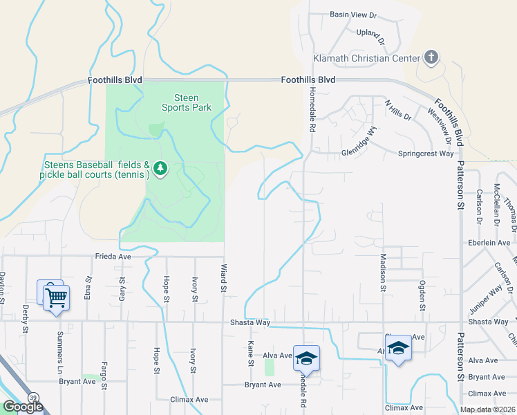 map of restaurants, bars, coffee shops, grocery stores, and more near 1127 Kane Street in Klamath Falls