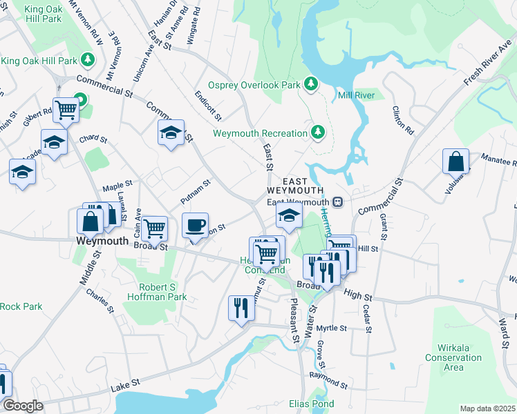 map of restaurants, bars, coffee shops, grocery stores, and more near in Weymouth