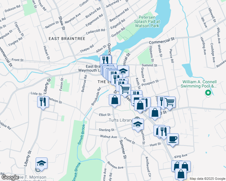 map of restaurants, bars, coffee shops, grocery stores, and more near 65 Washington Street in Weymouth