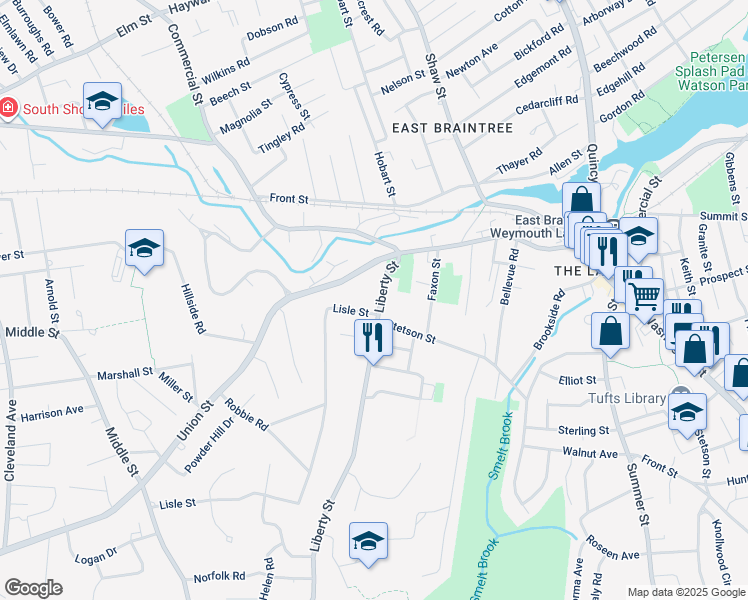 map of restaurants, bars, coffee shops, grocery stores, and more near 39 Liberty Street in Braintree