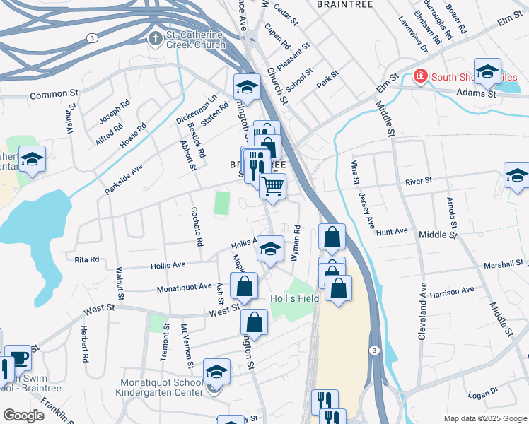 map of restaurants, bars, coffee shops, grocery stores, and more near 395 Washington Street in Braintree