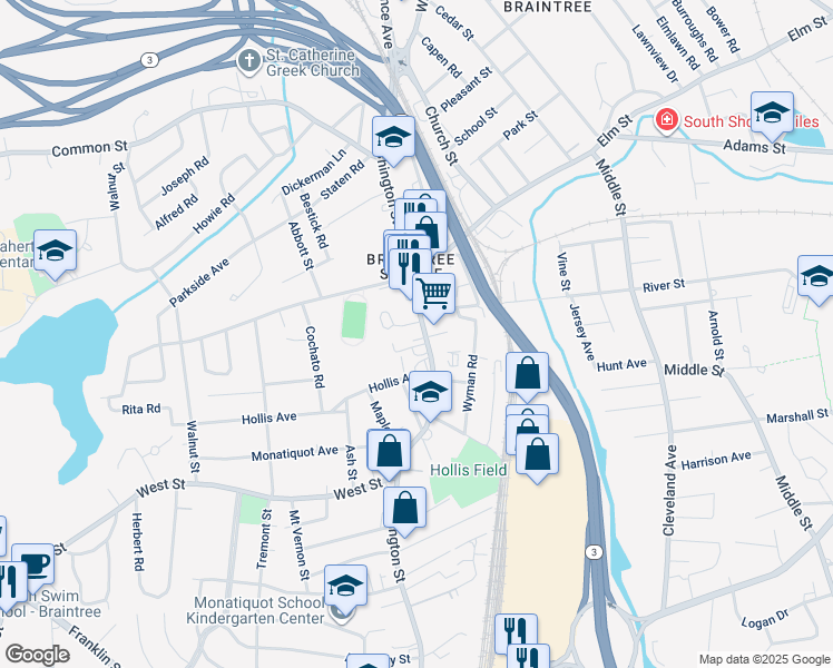 map of restaurants, bars, coffee shops, grocery stores, and more near 395 Washington Street in Braintree