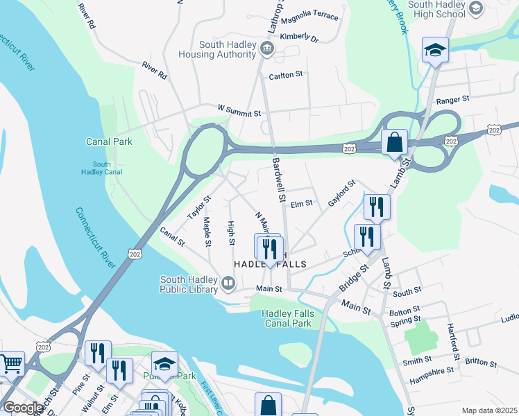 map of restaurants, bars, coffee shops, grocery stores, and more near 52 Main Street in South Hadley