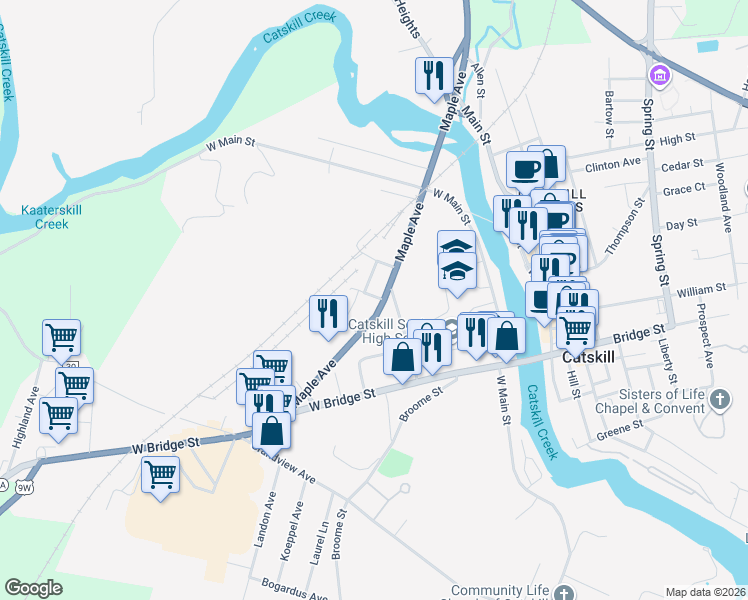 map of restaurants, bars, coffee shops, grocery stores, and more near 97 Maple Avenue in Catskill