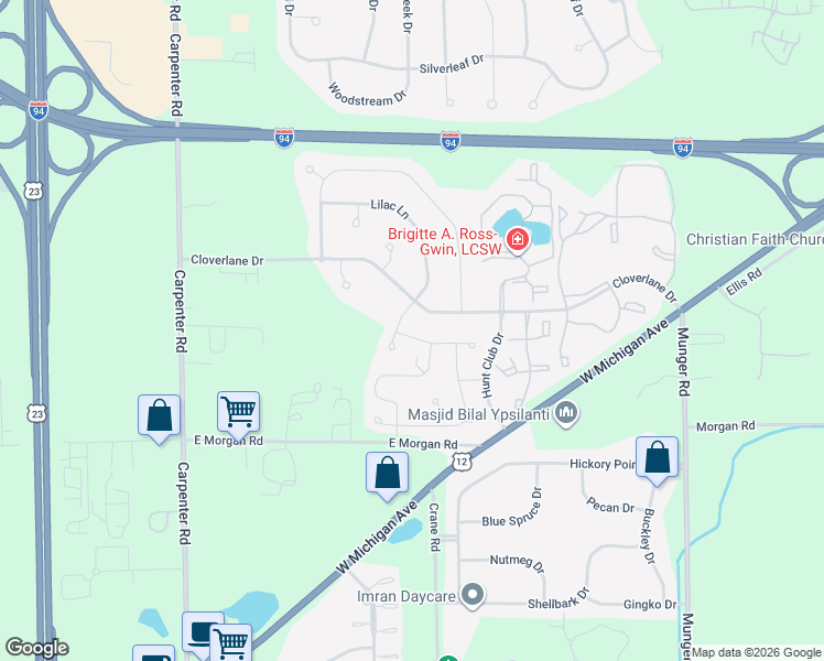 map of restaurants, bars, coffee shops, grocery stores, and more near 4641 Lilac Lane in Ypsilanti