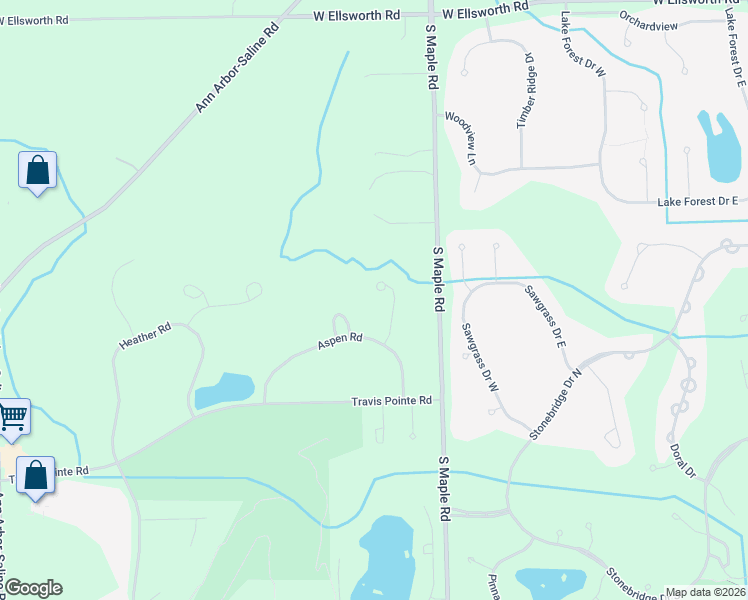 map of restaurants, bars, coffee shops, grocery stores, and more near 4512 Cottonwood Drive in Ann Arbor