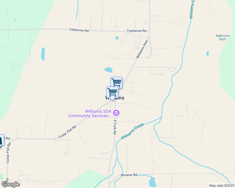 map of restaurants, bars, coffee shops, grocery stores, and more near 20691 Williams Highway in Williams