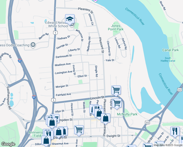 map of restaurants, bars, coffee shops, grocery stores, and more near 62 Nonotuck Street in Holyoke