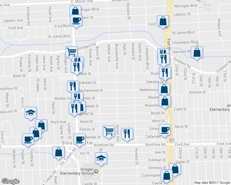 map of restaurants, bars, coffee shops, grocery stores, and more near 13415 Netherwood Street in Southgate