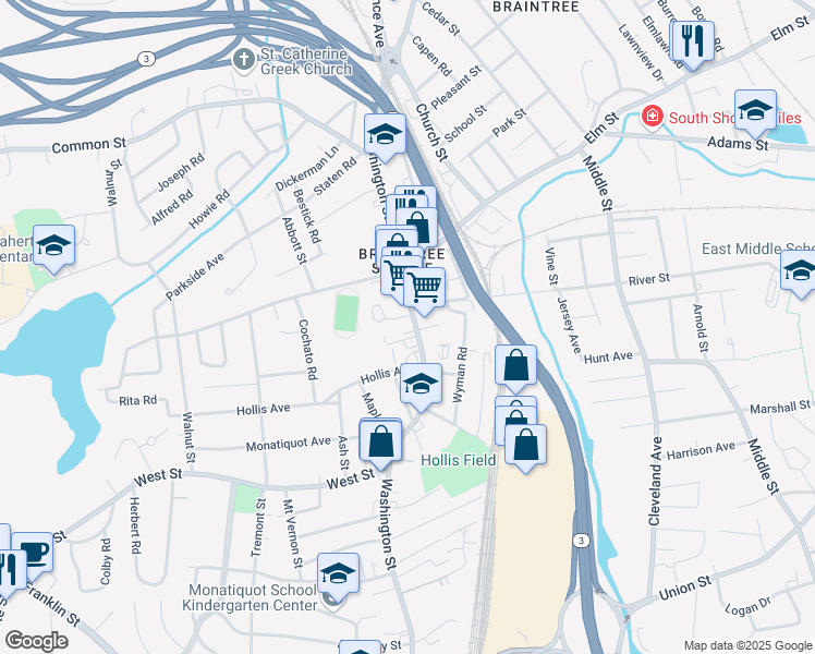 map of restaurants, bars, coffee shops, grocery stores, and more near 395 Washington Street in Braintree