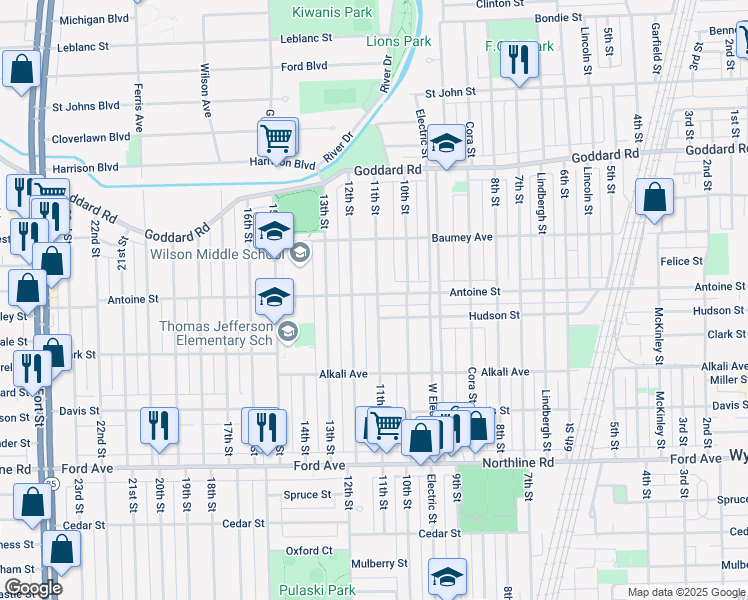 map of restaurants, bars, coffee shops, grocery stores, and more near 1421 12th Street in Wyandotte
